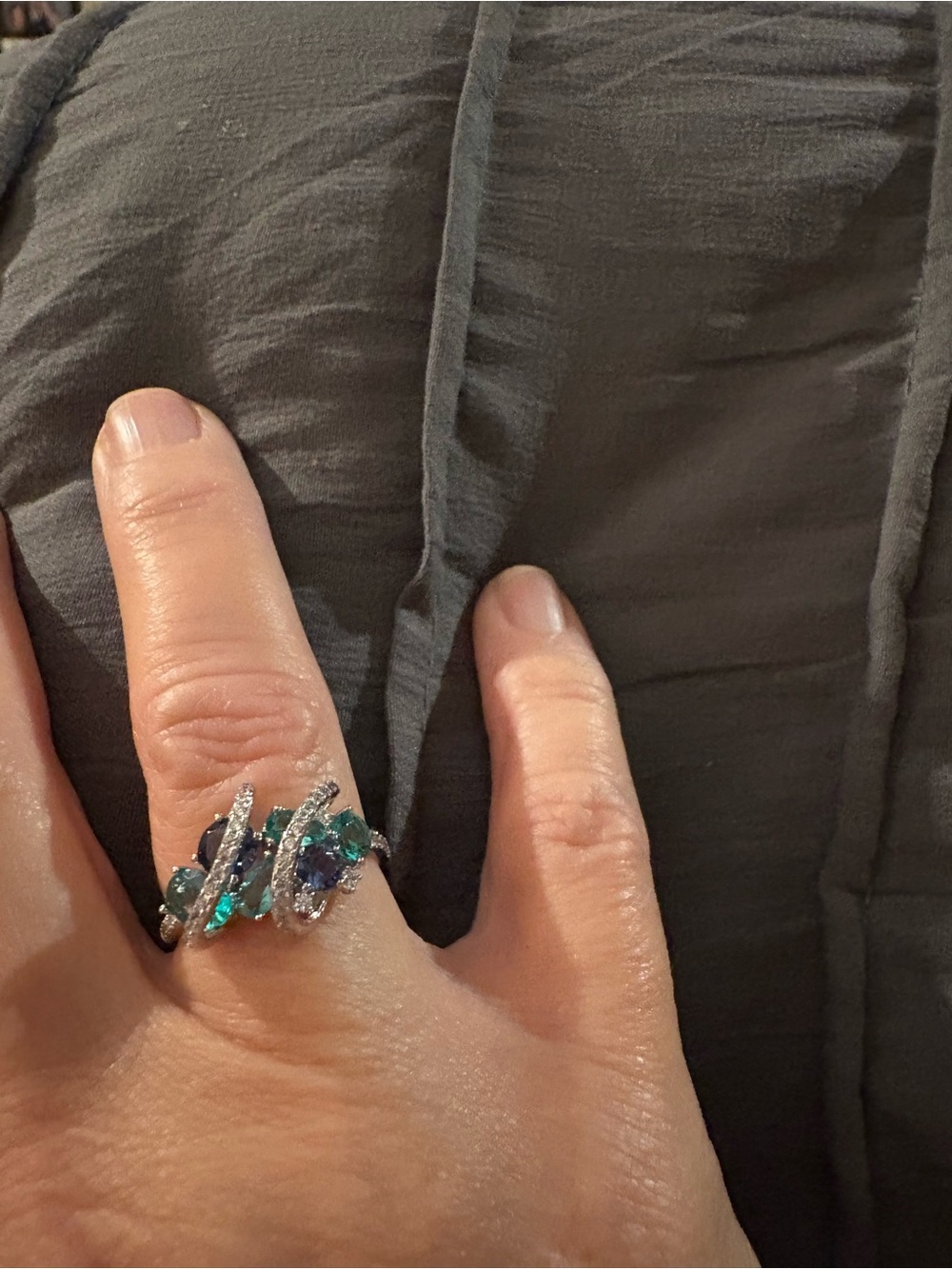 Sterling Silver Blue-Green Gemstone Ring with Pavé Accents